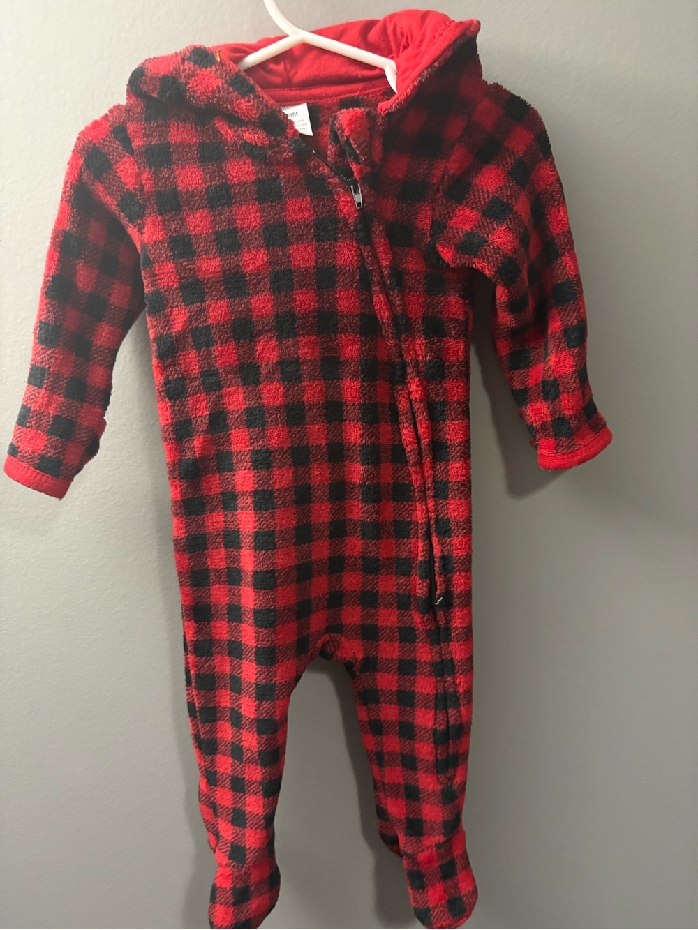 Baby Essentials Red and Black Buffalo Plaid Hooded One-Piece Footie